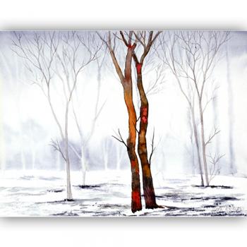 Akwarela oryginalna piękna najlepsza  Marta Konieczny 40x30 cm przyroda natura, na ścianę, do sypialni, na prezent, MIŁOŚĆ, DRZEWA, BIAŁY, CZERWONY, ZIMOWY PEJZAŻ